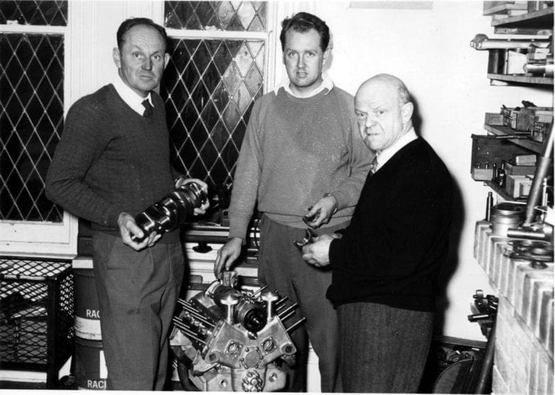 Harold Clisby Kevin Drage and Alec Bailey with part assembled Clisby V6 engine