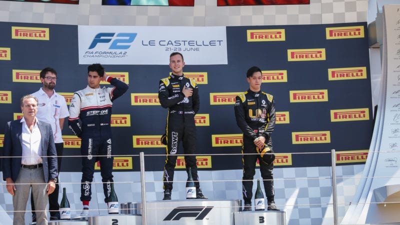 Juan Manuel Correa and Anthopine Hubert on the F2 podium at Paul Ricard in 2019