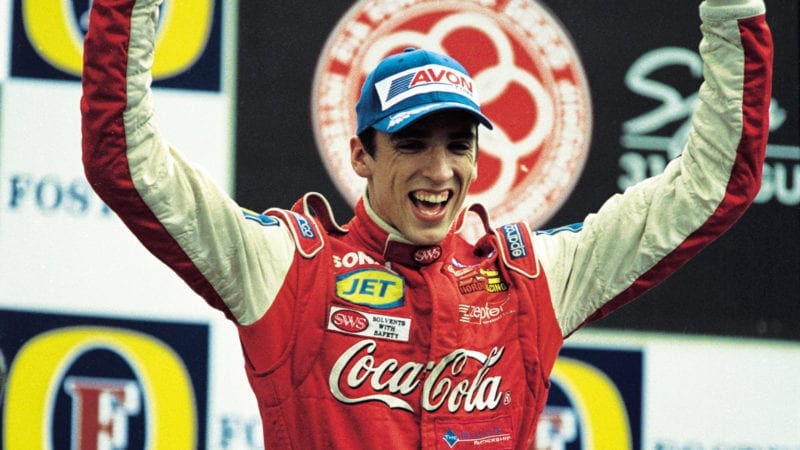 Justin Wilson celebrates winning the 2001 F3000 championship at Spa Francorchamps