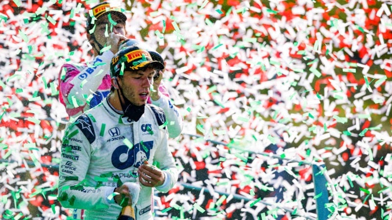 Pierre Gasly celebrates victory in the 2020 Italian Grand prix