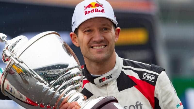 Sebastien Ogier with his trophy after winning the 2021 Monte Carlo Rally