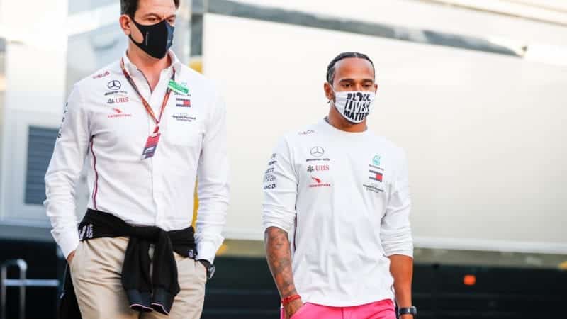 Toto Wolff with Lewis Hamilton wearing Black Lives Matter mask