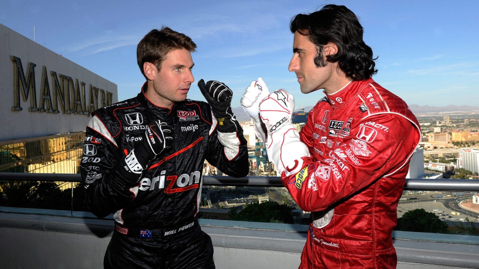 Will Power and Dario Franchitti in a mock fight