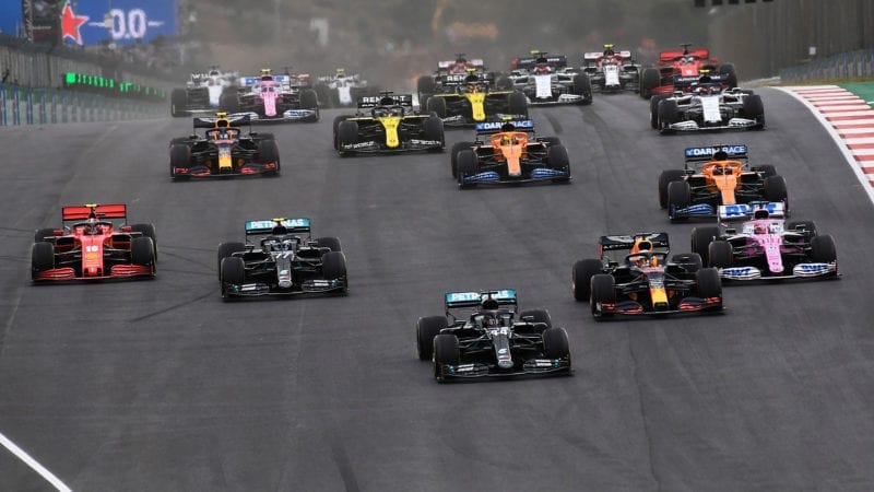Lewis Hamilton (Mercedes) takes the lead at the start of the 2020 Portuguese Grand Prix in Portimao. Photo: Grand Prix Photo