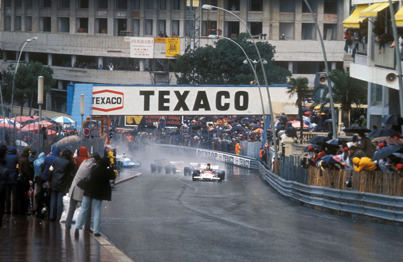 Jean-Pierre Beltoise (BRM) leads the field on the first lap of the 1972 Monaco Grand Prix