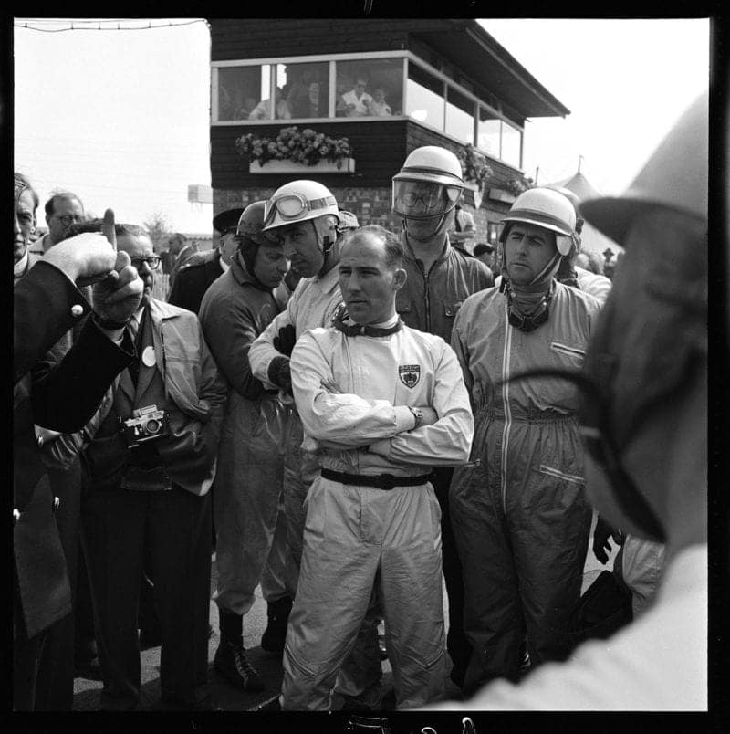Stirling Moss with Jack Brabham at the 1958 Silverstone International Trophy