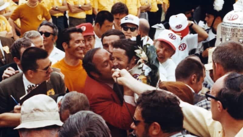Andy Granatelli kisses Mario Andretti after winning the 1969 Indy 500