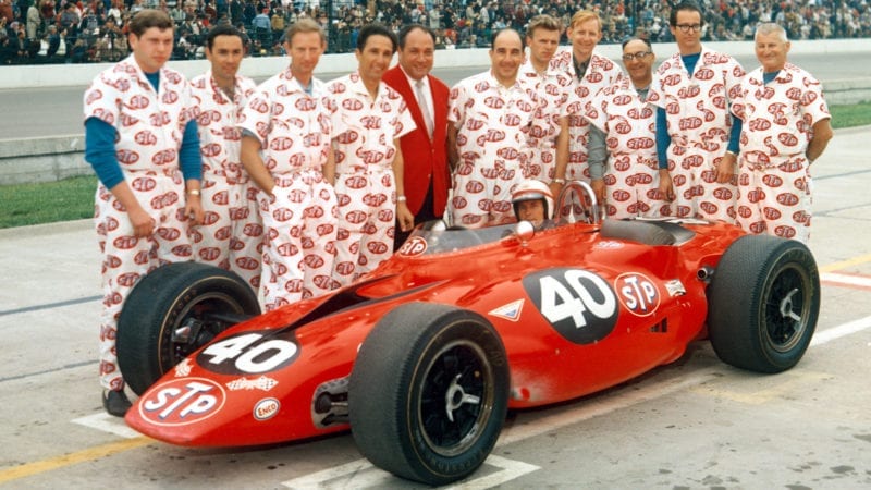 Andy Granatelli with team and Parnelli Jones turbine car before the 1967 Indy 500