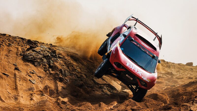 BRX of Sebastien Loeb crashing off rocks in the 2021 Dakar