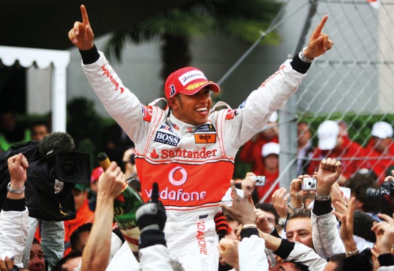 Lewis Hamilton celebrates victory in the 2008 Monaco Grand Prix