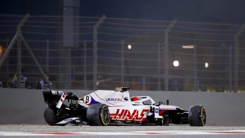 Haas of Nikita Mazepin after crashing at the start of the 2021 Bahrain Grand Prix