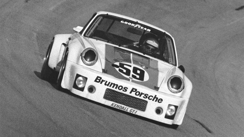 DAYTONA BEACH, FL — February 1-2, 1975: This Brumos Racing Porsche 911 Carrera RSR driven by Peter Gregg and Hurley Haywood took the victory in the 24 Hours of Daytona at Daytona International Speedway. The team completed 684 laps and were 15 circuits ahead of the second place car. (Photo by ISC Images & Archives via Getty Images)