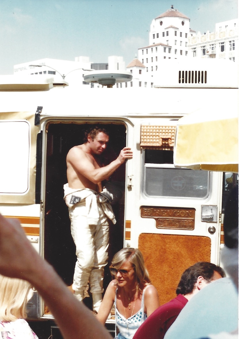 Jochen Mass in the Arrows motorhome for the US Grand Prix