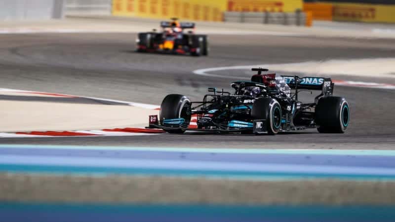 Lewis Hamilton ahead of Max Verstappen in the 2021 Bahrain Grand Prix