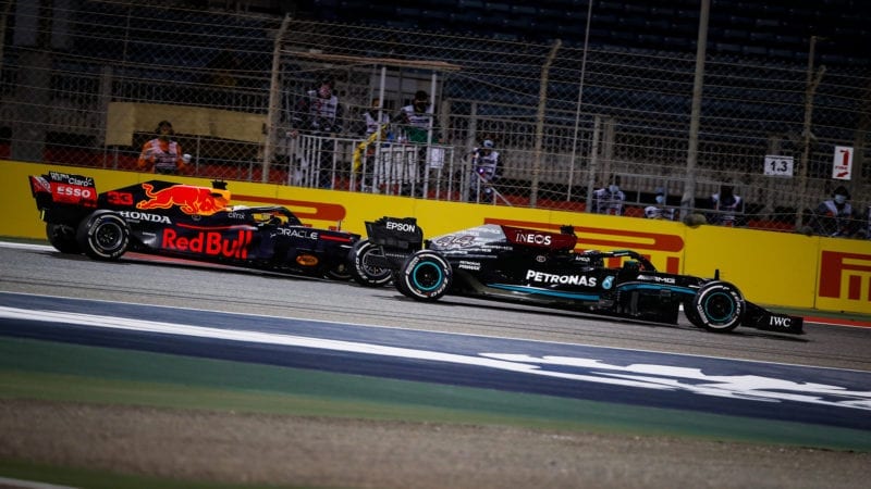 Max Verstappen and Lewis Hamilton battle in the 2021 Bahrain Grand Prix