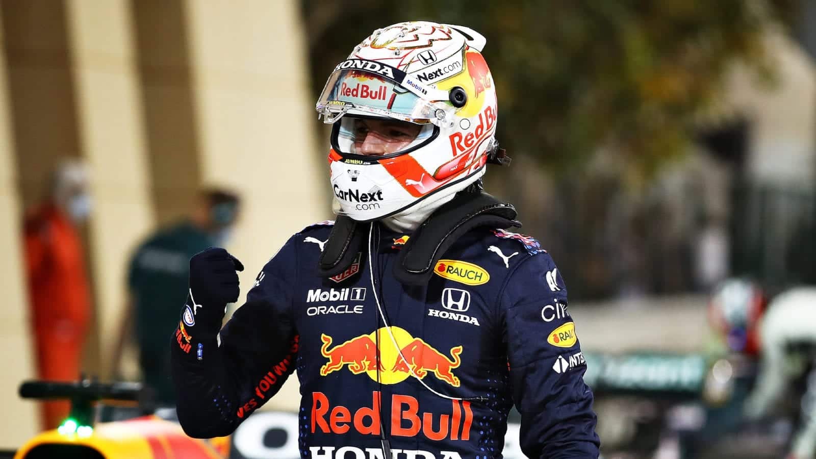 Max Verstappen celebrates clinching pole position for the 2021 Bahrain Grand Prix