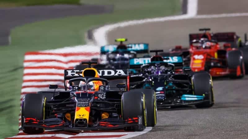 Max Verstappen leads Lewis Hamilton and Valtteri Bottas in the 2021 Bahrain Grand Prix