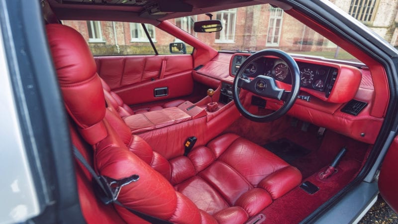 Red leather interior of Lotus Esprit owned by Colin Chapman