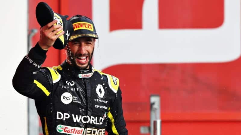 Winner AlphaTauri's French driver Pierre Gasly reacts on the podium after the Italian Formula One Grand Prix at the Autodromo Nazionale circuit in Monza on September 6, 2020. (Photo by JENNIFER LORENZINI / POOL / AFP) (Photo by JENNIFER LORENZINI/POOL/AFP via Getty Images)