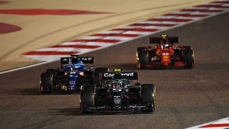 Sebastian Vettel Fernando Alonso and Carlos Sainz in the 2021 Bahrain Grand Prix