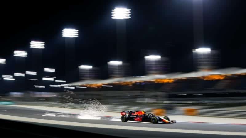 Sparks fly from Sergio Perez Red Bull in qualifying for the 2021 Bahrain Grand Prix