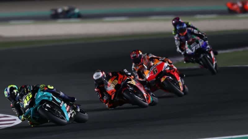 Valentino Rossi chased by Brad Binder Stefan Bradl and Alex MArquez in the 2021 MotoGP Qatar GP