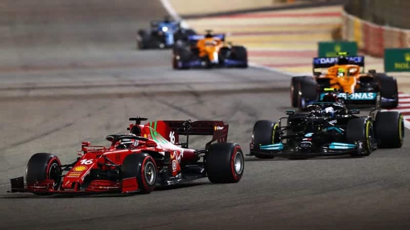 Valtteri Bottas follows Charles Leclerc at the start of the 2021 Bahrain Grand Prix
