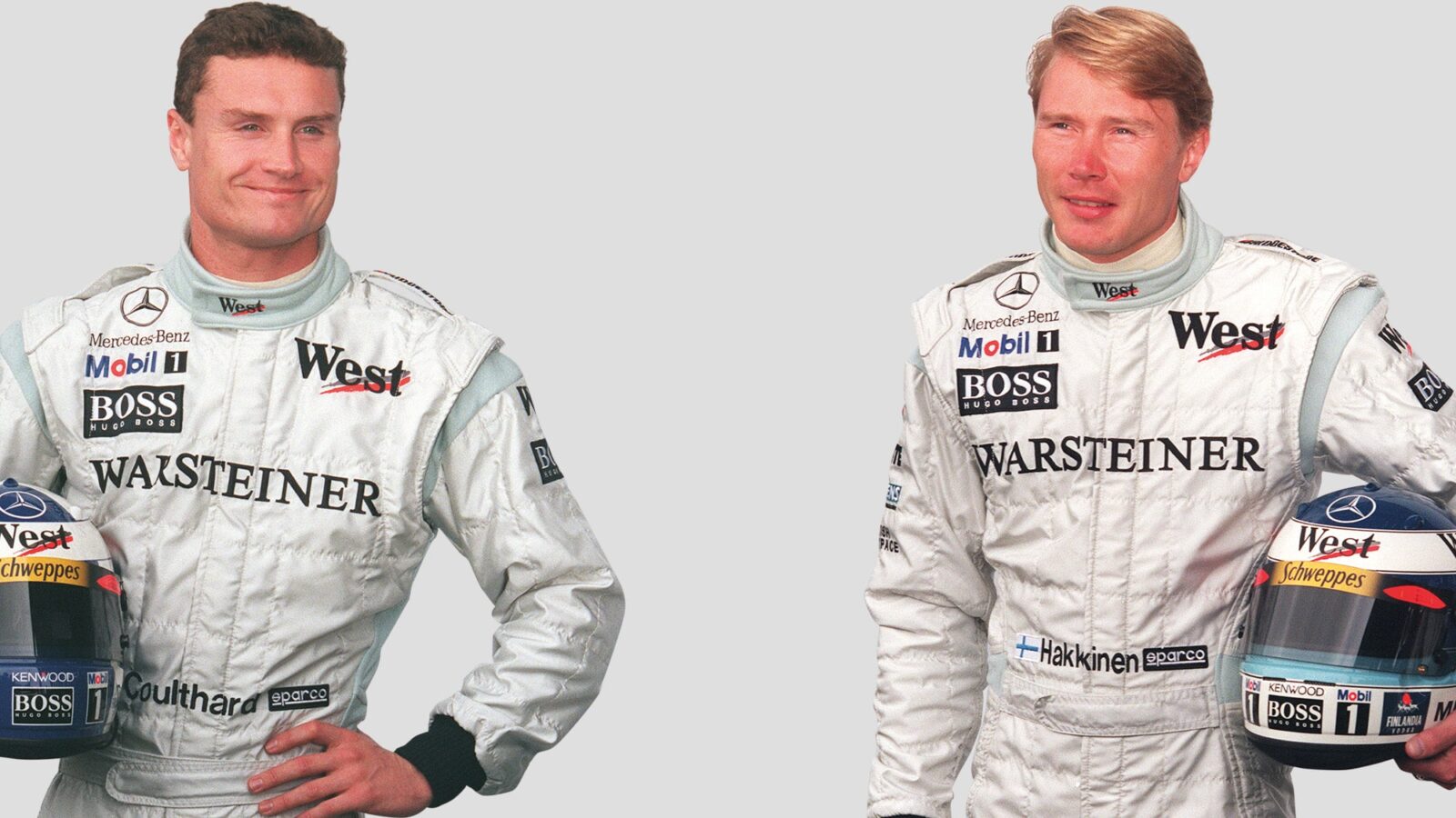 David Coulthard and Mika Hakkinen in McLaren race suits