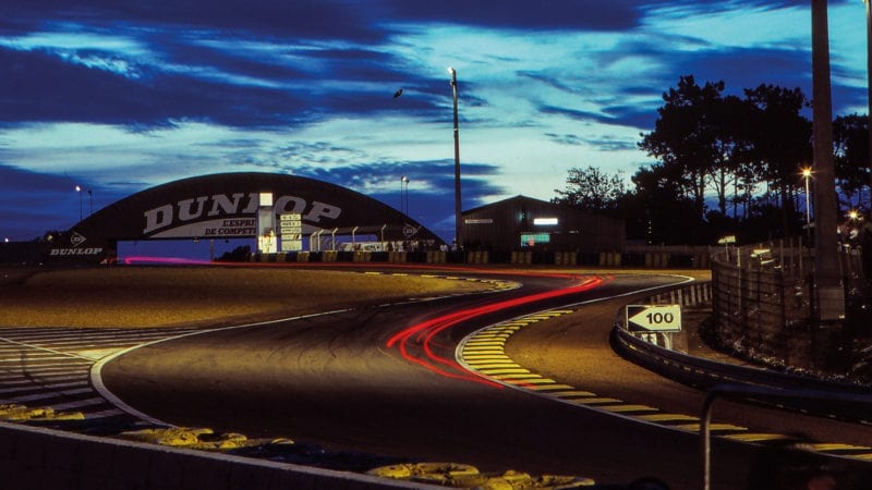 Dunlop Bridge at night in the 1990 Le Mans 24 Hours
