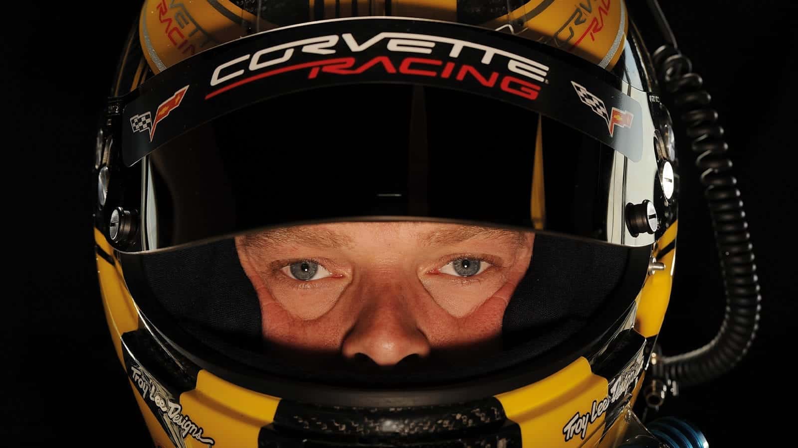 Eyes of Jan Magnussen inside his crash helmet