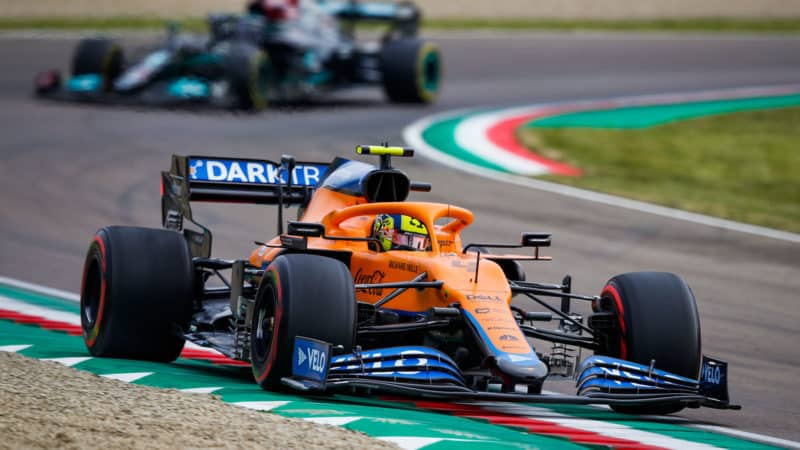 Lando Norris ahead of Lewis Hamilton in the 2021 Emilia Romagna Grand Prix