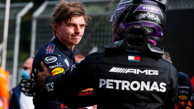 Lewis Hamilton congratulates Max Verstappen for winning the 2021 Emilia Romagna Grand Prix