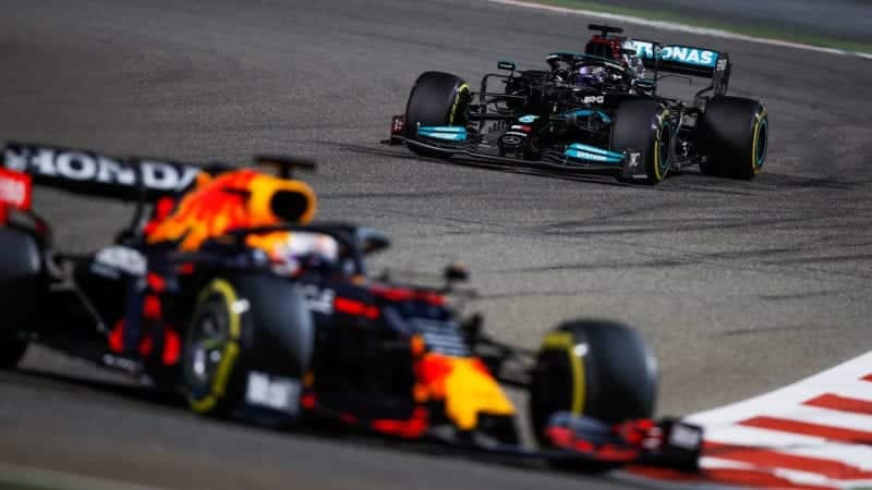 Lewis Hamilton follows Max Verstappen at the 2021 Bahrain Grand Prix