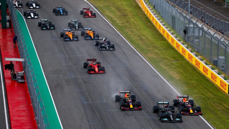 Lewis Hamilton leads briefly at the start of the 2021 Emilia Romagna Grand Prix