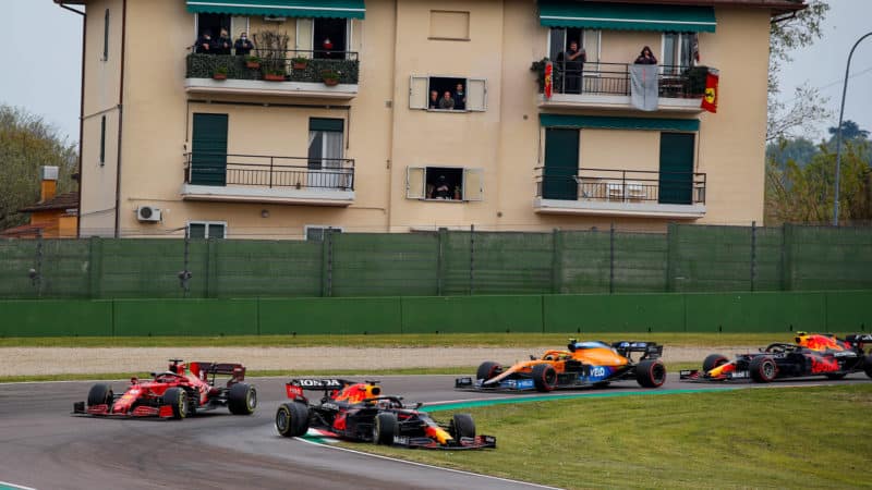 Max Verstappen runs onto the grass at the restart of the 2021 Emilia Romagna Grand Prix