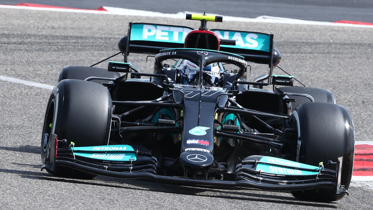 Mercedes of Valtteri Bottas in 2021 F1 Bahrain test