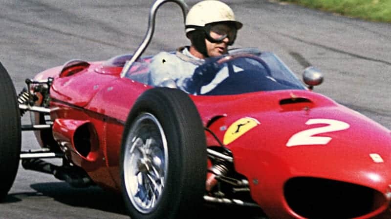 Phil Hill driving his Sharknose Ferrari 156 in the 1962 British Grand Prix