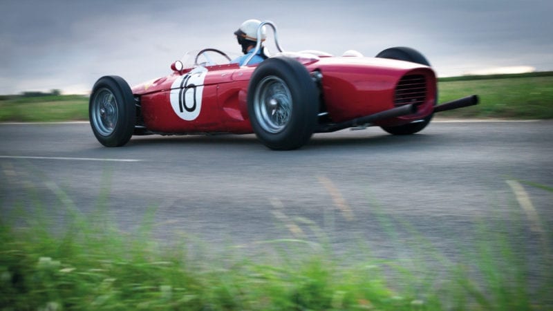 Rear shot of Derek Hill driving Sharknose Ferrari 156