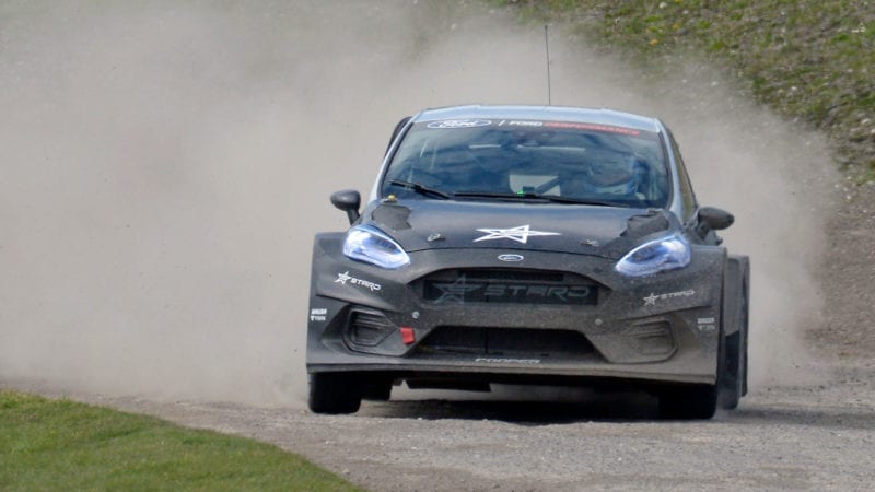 Sir Chris Hoy puts the Fiesta-bodied STARD electric rallycross car through its paces during the 5 Nations BRX test day at Lydden Hill