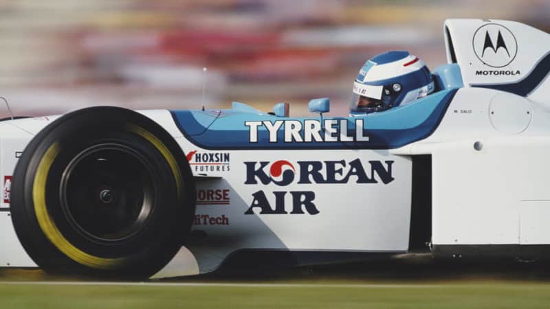 Mika Salo of Finland drives the #19 Tyrrell 024 Yamaha V10 during the Formula One German Grand Prix on 28 July 1996 at the Hockenheimring, Hockenheim, Germany. (Photo by Darren Heath/Getty Images)