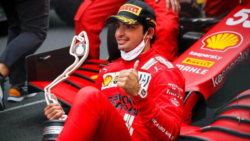 Carlos Sainz celebrates his second place at the 2021 Monaco Grand Prix