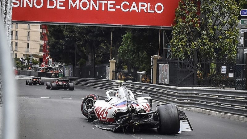 Crashed Haas of Mick Schumacher at Monaco 2021