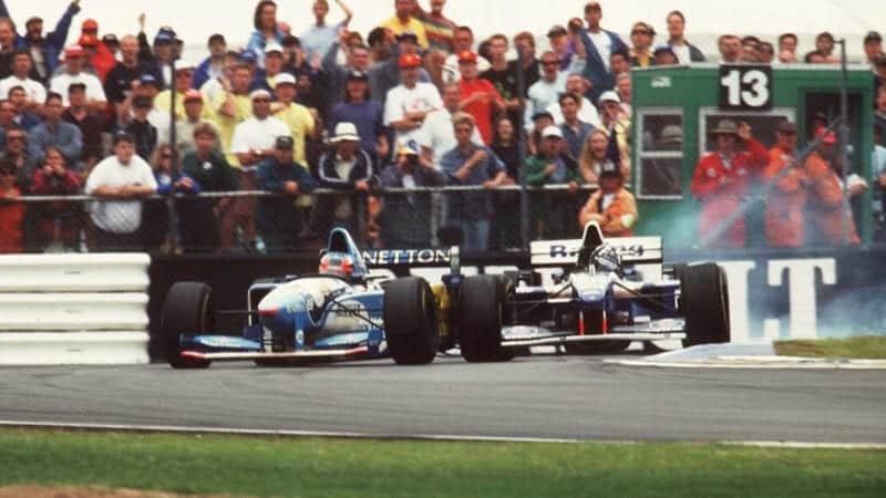 Damon Hill and Michael Schumacher crash at the 1995 British Grand Prix