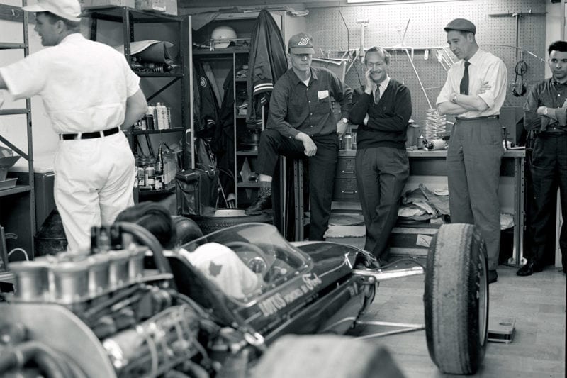 Dan Gurney with Colin Chapman at the 1963 indy 500