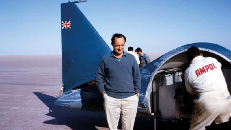 Donald Campbell with the Bluebird land speed record car on Lake Eyre