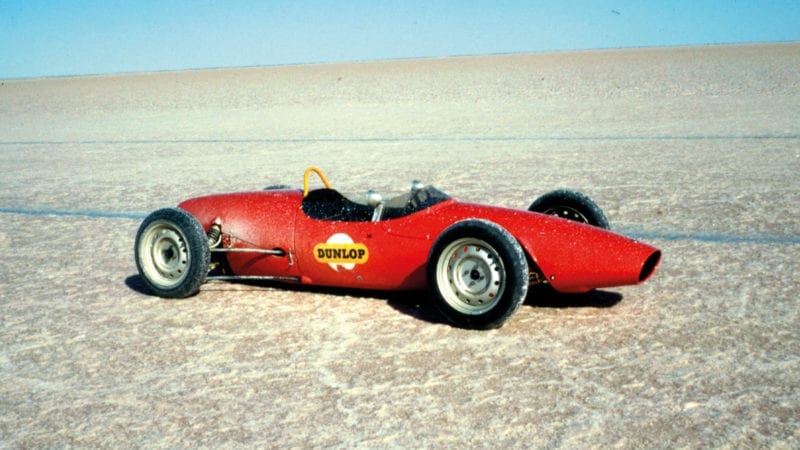 Elfin Ford car used to test the salt of Lake Eyre before Bluebirs land speed record attempt