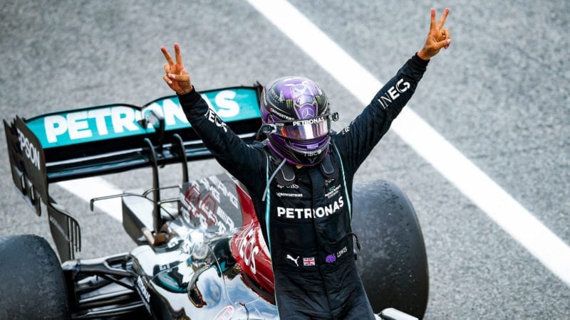 BARCELONA, SPAIN - MAY 09: Race winner Lewis Hamilton of Great Britain and Mercedes GP celebrates in parc ferme during the F1 Grand Prix of Spain at Circuit de Barcelona-Catalunya on May 09, 2021 in Barcelona, Spain. (Photo by Xavier Bonilla - Pool/Getty Images)
