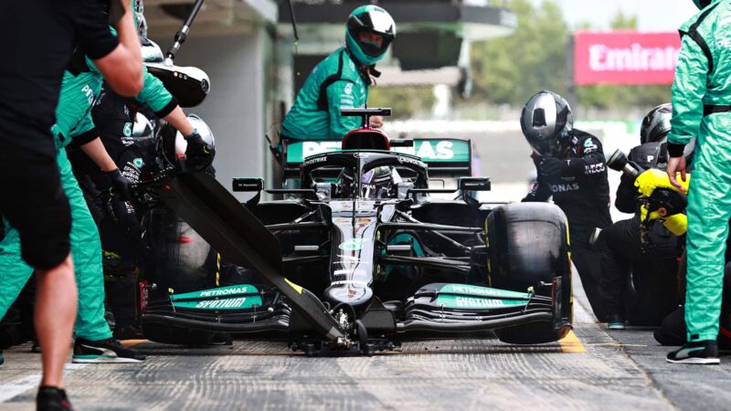 BARCELONA, SPAIN - MAY 09: Lewis Hamilton of Great Britain driving the (44) Mercedes AMG Petronas F1 Team Mercedes W12 makes a pitstop during the F1 Grand Prix of Spain at Circuit de Barcelona-Catalunya on May 09, 2021 in Barcelona, Spain. (Photo by Mark Thompson/Getty Images)