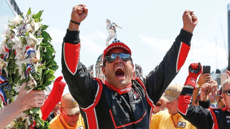 Juan Pablo Montoya celebrates his 2015 Indy 500 victory