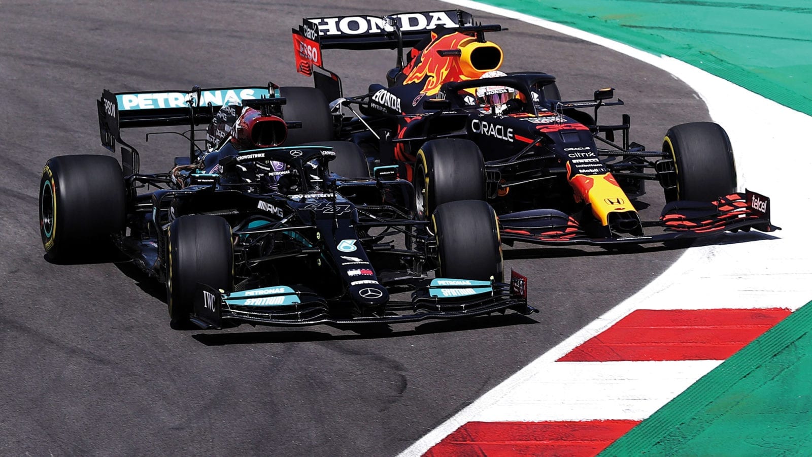 Lewis Hamilton and Max Verstappen battle in the 2021 Portuguese Grand Prix